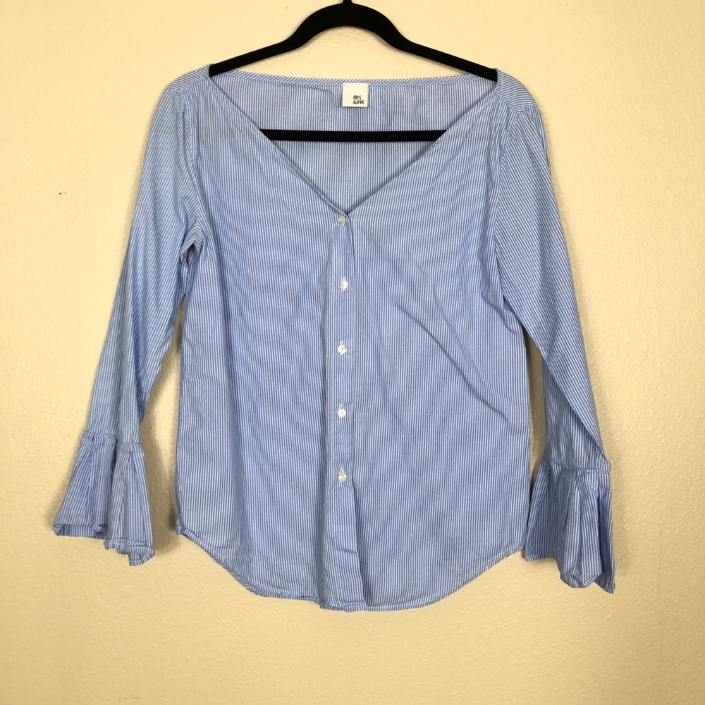 Iris & Ink Collarless Button Down Blouse Striped - image 8